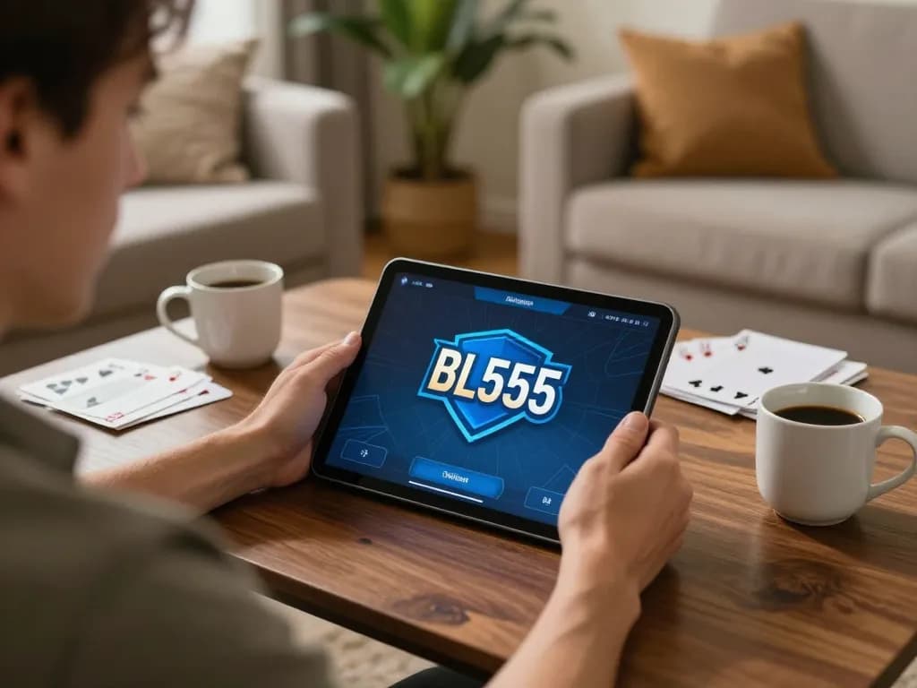 Player engaged in online poker with BL555 app on tablet, cozy home setting.
