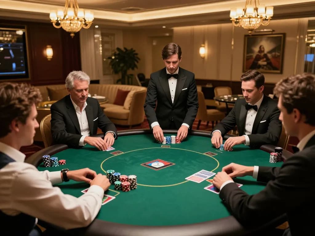HM88 players strategizing in a luxurious poker room with professional dealer and elegant decor.