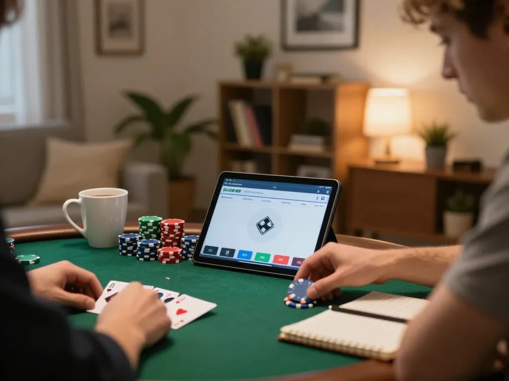 Debet player analyzing poker hand on tablet in a warm home setting with strategic notes.