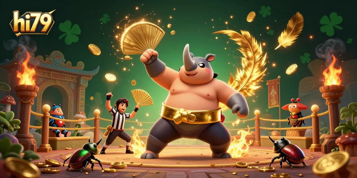 Witness the thrilling match at hi79 as the rhinoceros beetle sumo champion stomps, sending golden coins flying.
