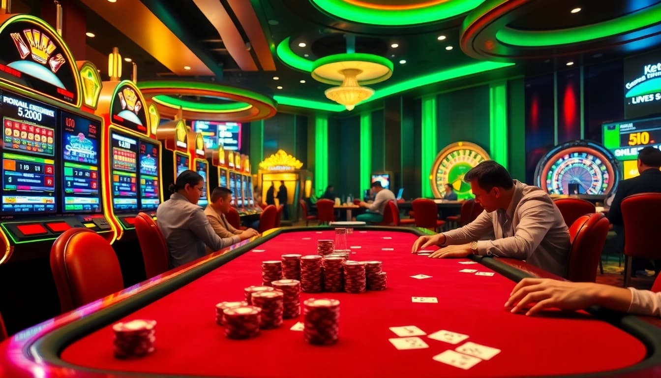 Experience thrilling casino action with bongdalu-inspired poker games, showcasing vibrant chips and tables.