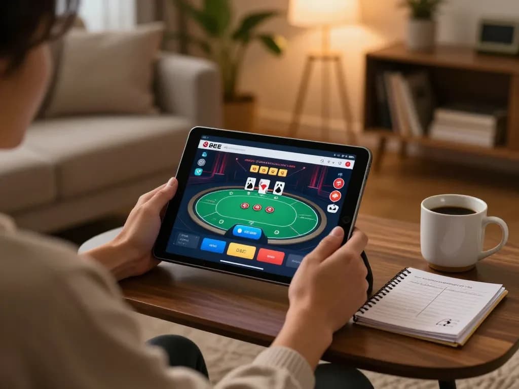 Player immerses in 8EEE online gaming on a tablet, showcasing an engaging home casino experience.