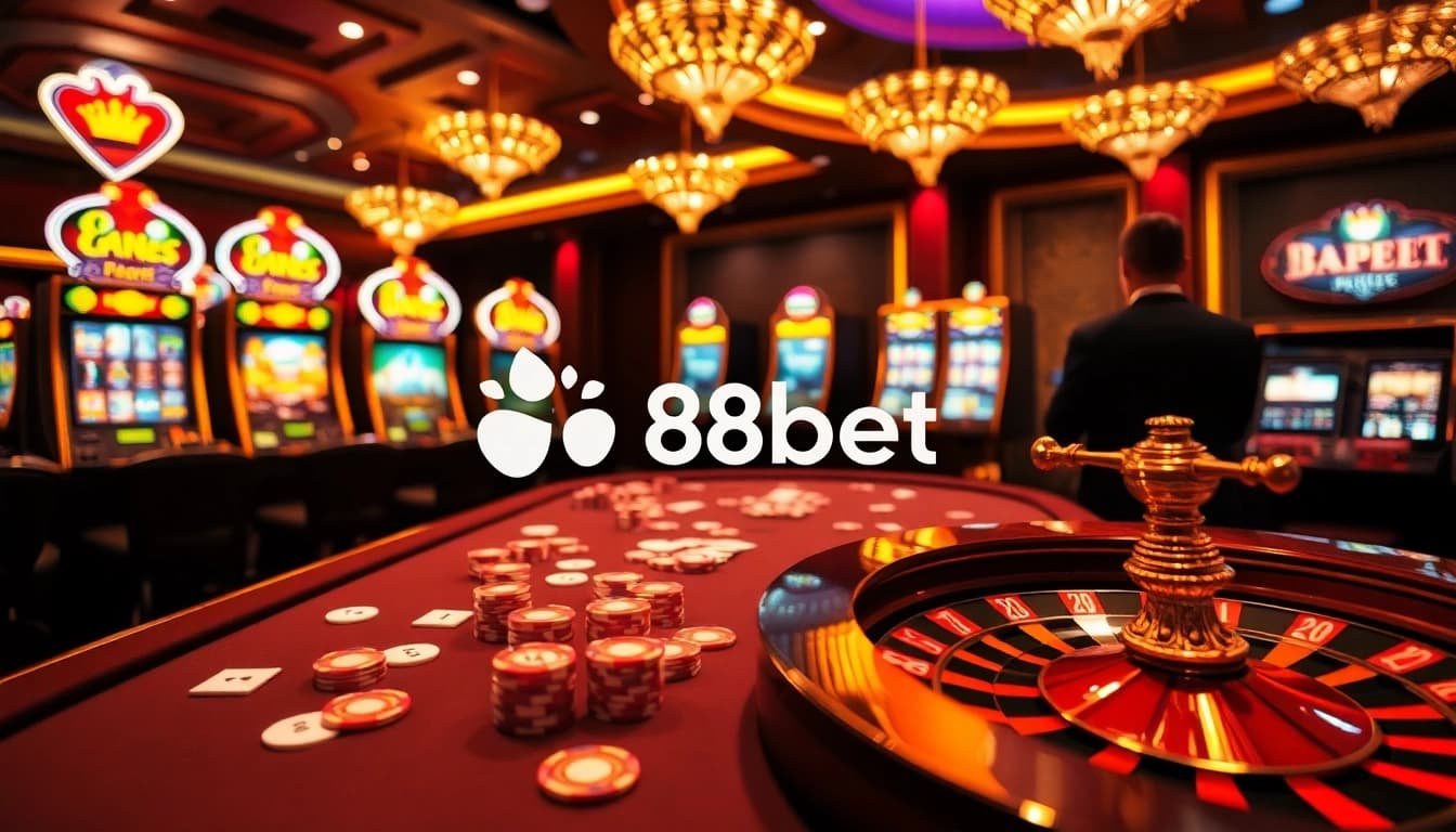 Engage in a thrilling game at 88bet's luxury casino, featuring poker chips and a roulette wheel.