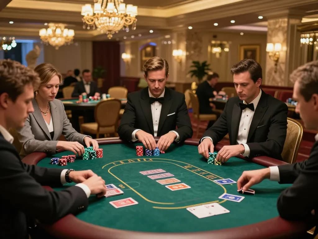 VA88 poker players strategizing at an elegant casino table, showcasing high-stakes excitement.