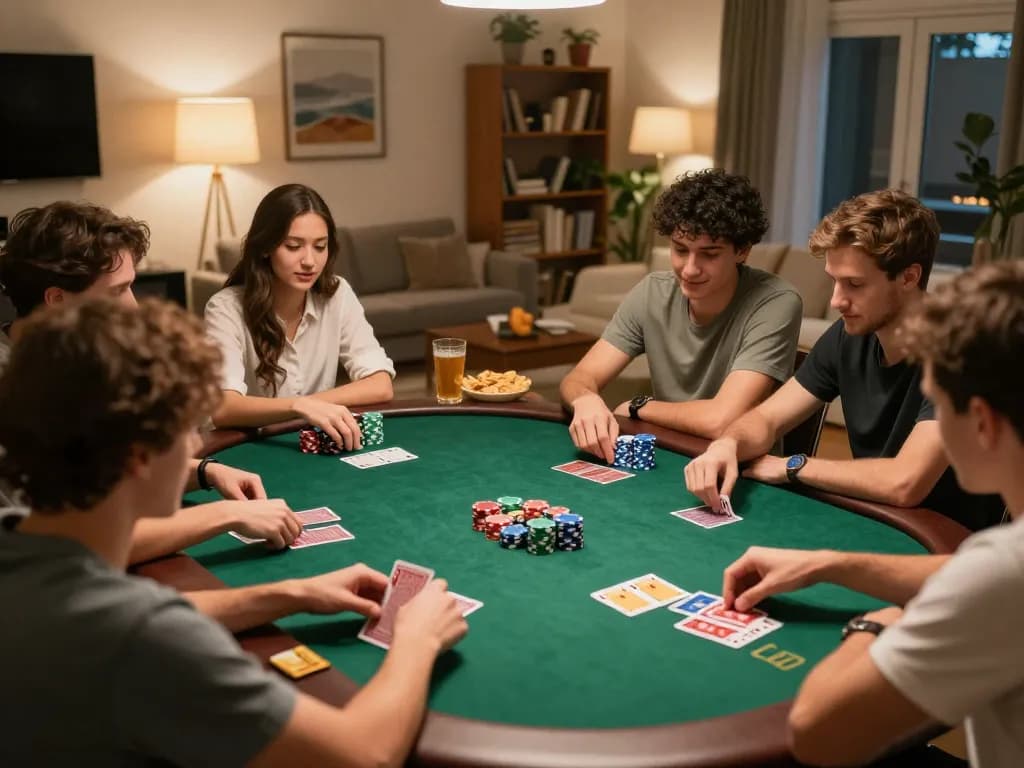 Friends enjoying a poker game at home, illustrating the vibrant community experience of hitclub.