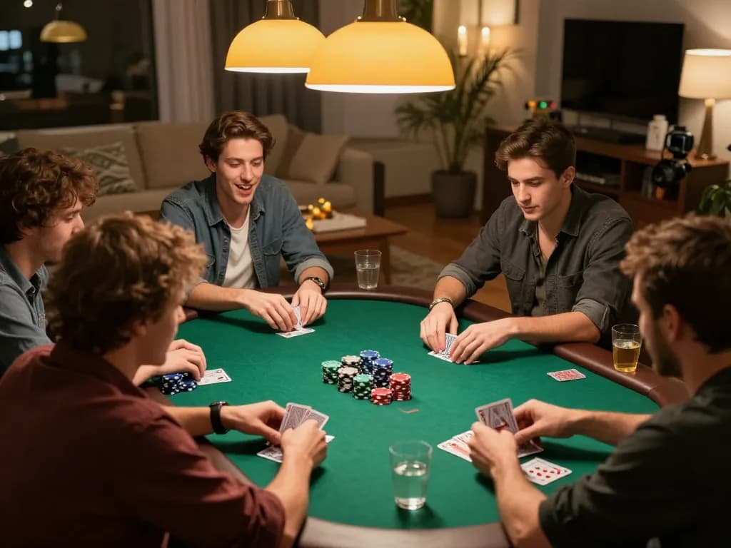 Luck8 players enjoying a lively poker night at home, displaying strategy and excitement with colorful chips.