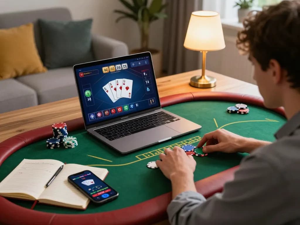 Engaging in a poker game on 98win, showcasing a strategic online gaming setup with a laptop and notebook