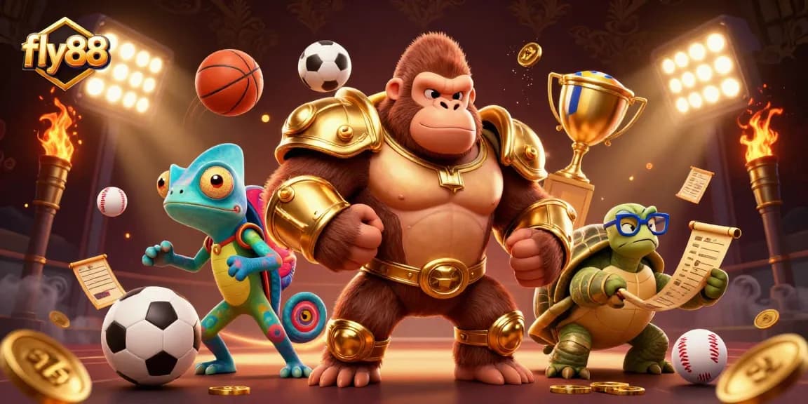 Experience thrilling action with fly88's engaging sports betting scene, featuring a gorilla king and vibrant game elements.