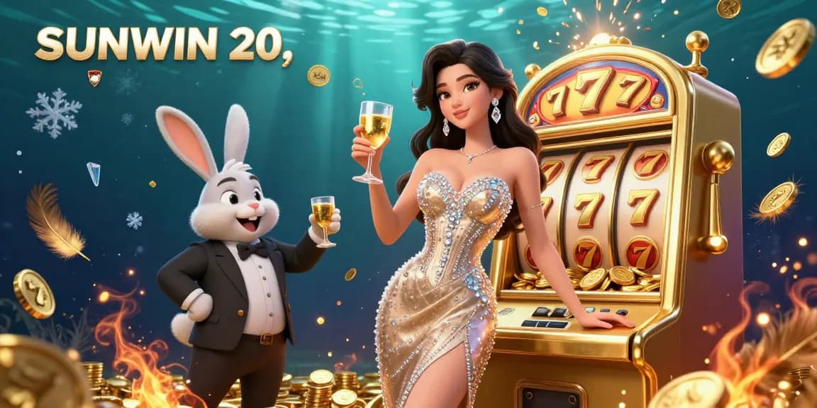 SUNWIN 20 showcases a dynamic 3D casino scene with a glamorous woman and jackpot slot machine.