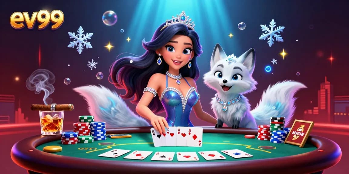 ev99 showcases a glamorous woman and a stylish arctic fox amid poker elements, setting the stage for thrilling games.