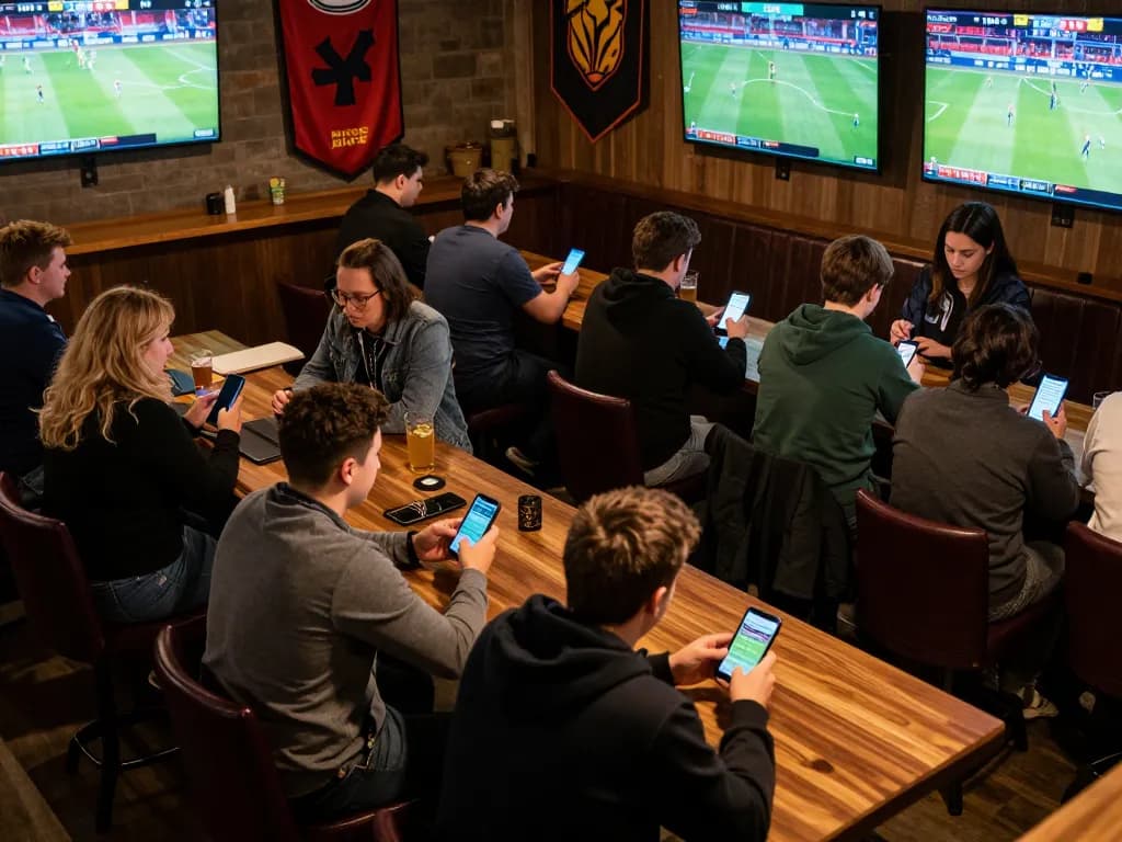 Five88 sports betting excitement in a lively bar setting with fans placing bets and engaging.