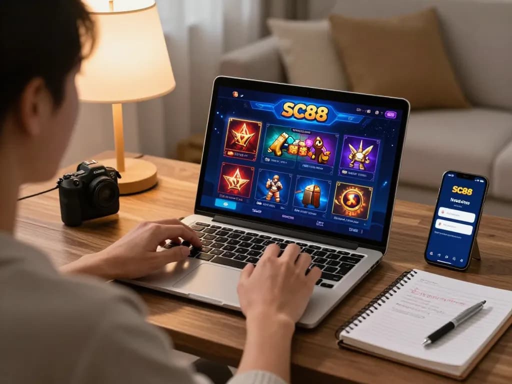 Player enjoying SC88 online casino on laptop, showcasing exciting gaming interface and comfortable home setting.