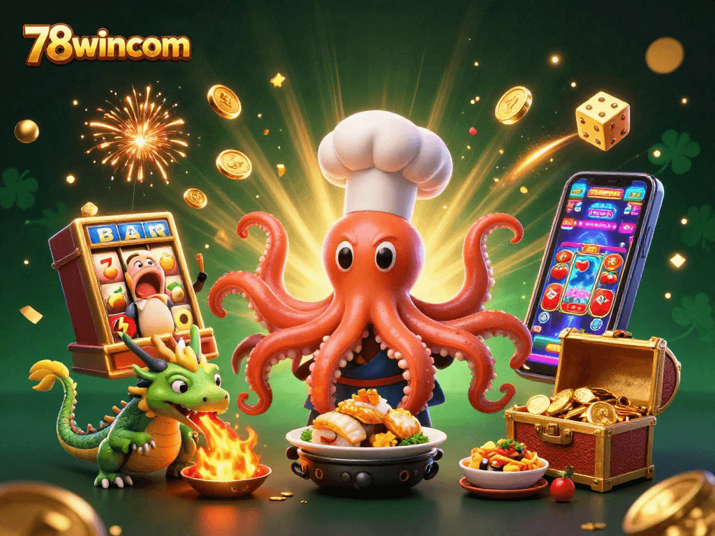 Experience 78wincom with an exciting scene of a sushi chef octopus and thrilling casino elements.