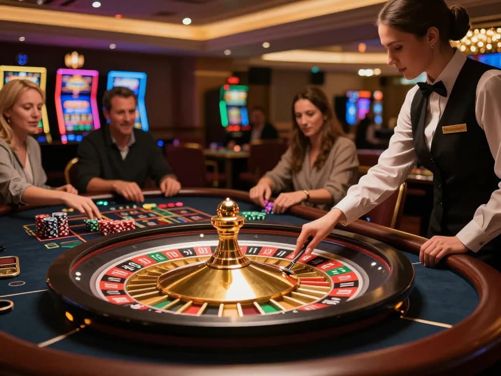 Players placing bets at the red888 roulette table in a luxurious casino atmosphere.
