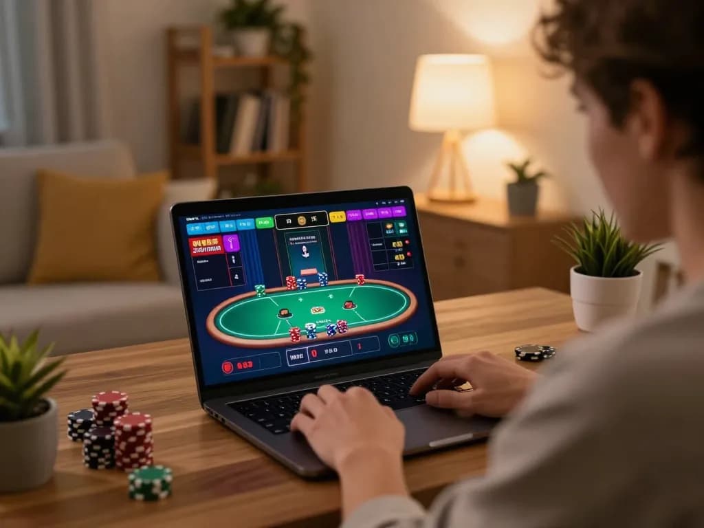 Luck8 online gaming experience with a player engaged in poker gameplay from home, showcasing a relaxed atmosphere.