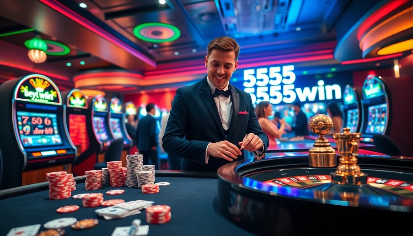 Experience the thrill of 555win with captivating casino visuals featuring poker, roulette, and vibrant slot machines.