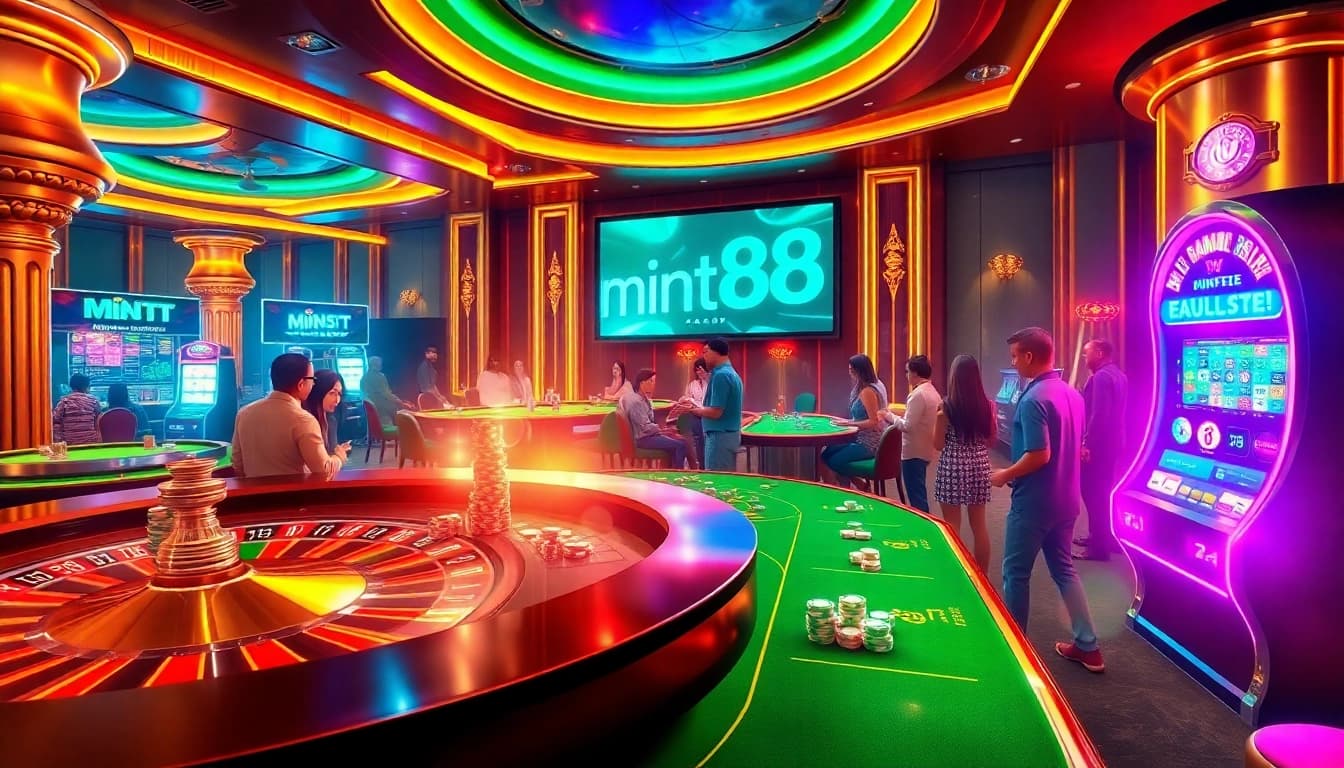 Experience the thrill of mint88 in a luxurious casino setting with poker chips and roulette wheel.
