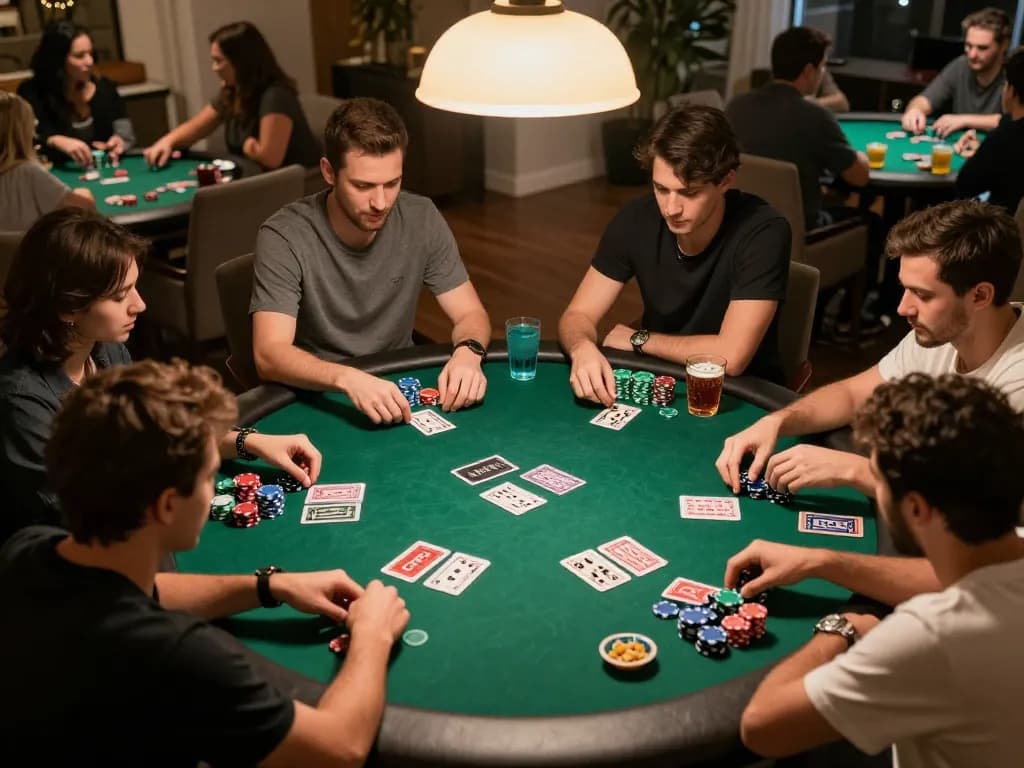 NOHU90 players engaging in a fun home poker game with vibrant chips and cards visible, warm lighting creating a friendly atmosphere.