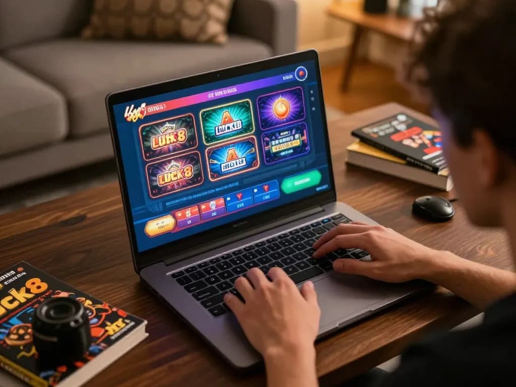 Engaged player enjoying luck8 online casino gaming experience on a cozy home setup