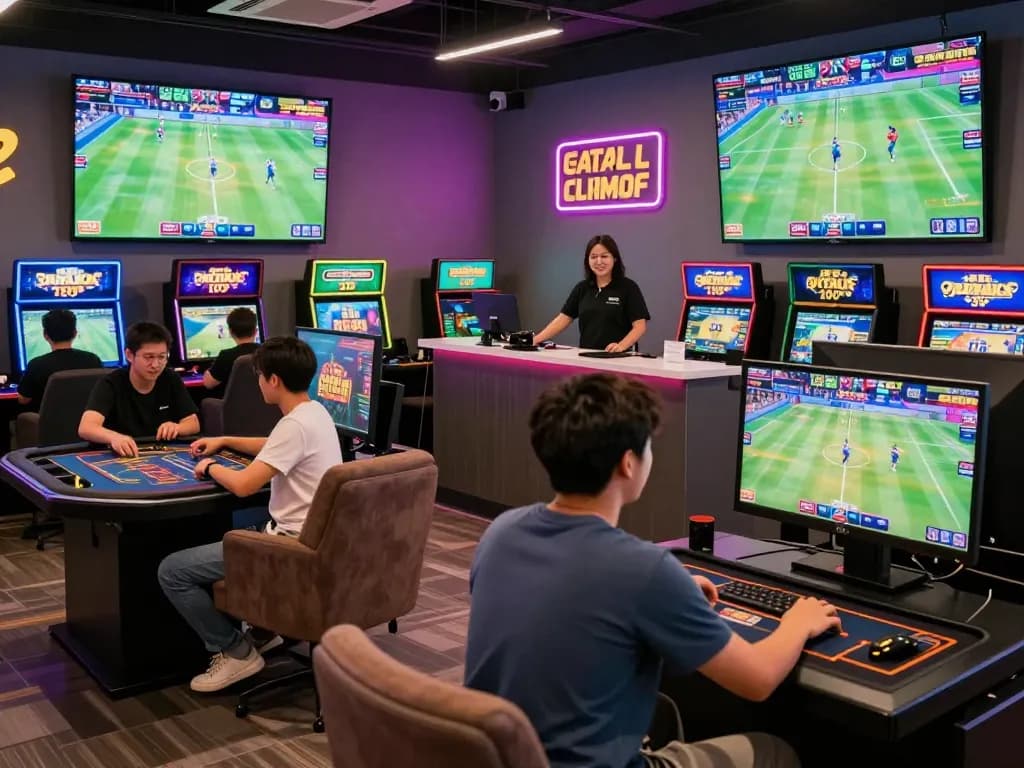 Exciting gaming enthusiasts at trang chủ jun88, enjoying sports betting and various games in a vibrant lounge.
