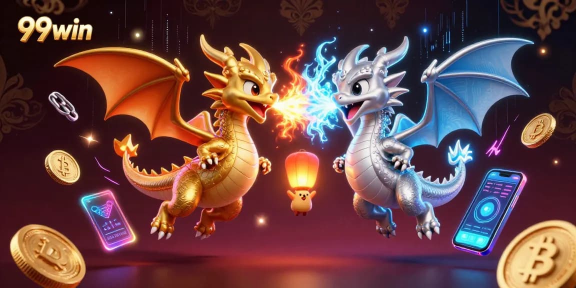 Engage with 99win through dynamic gameplay represented by twin dragons in a vibrant casino setting.