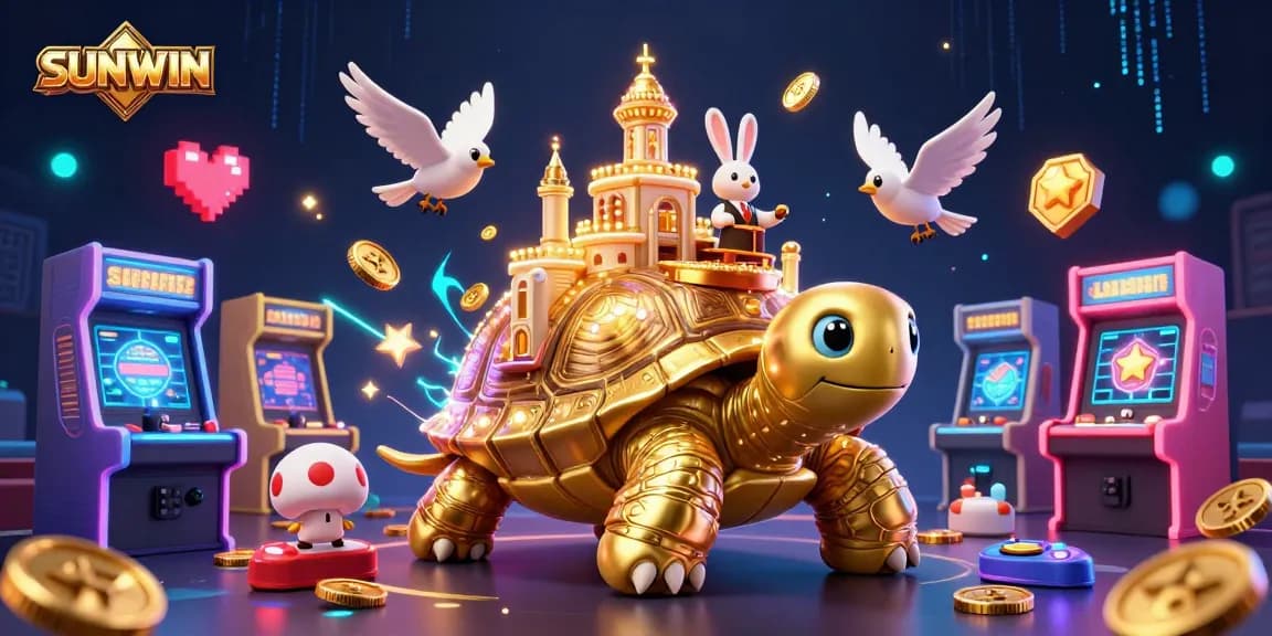 SUNWIN invites players to engage in vibrant casino excitement with a dynamic illustration of a playful tortoise and dealer.