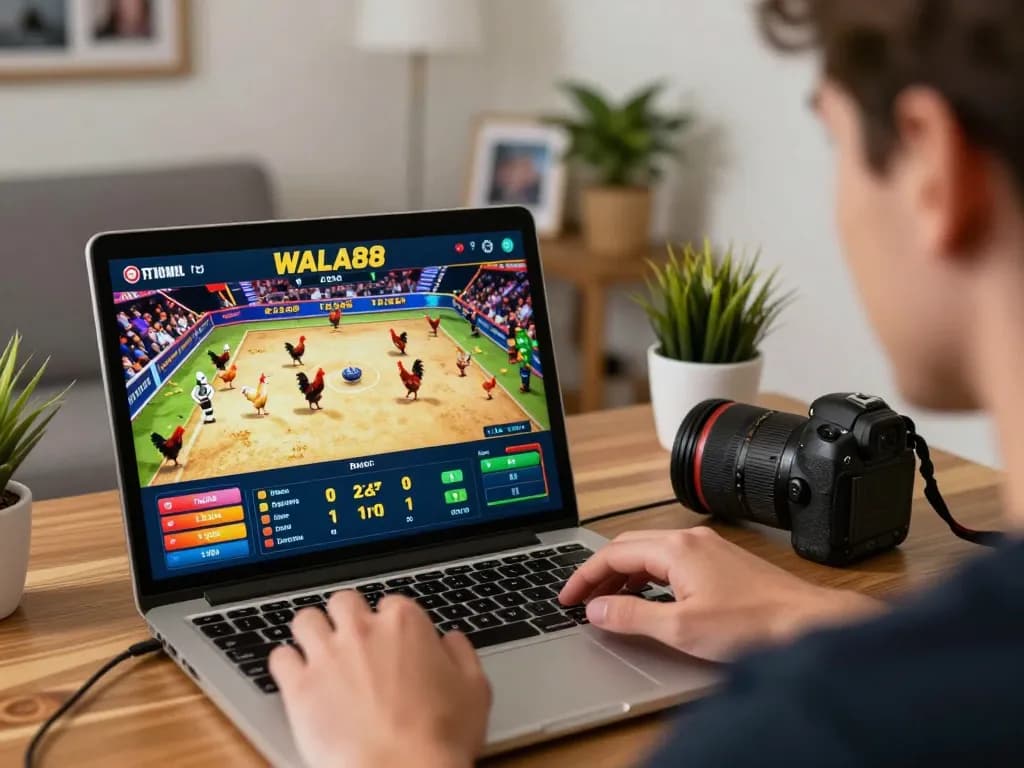 WALA88 live betting action on a laptop screen, showcasing an intense chicken fight with vibrant details.