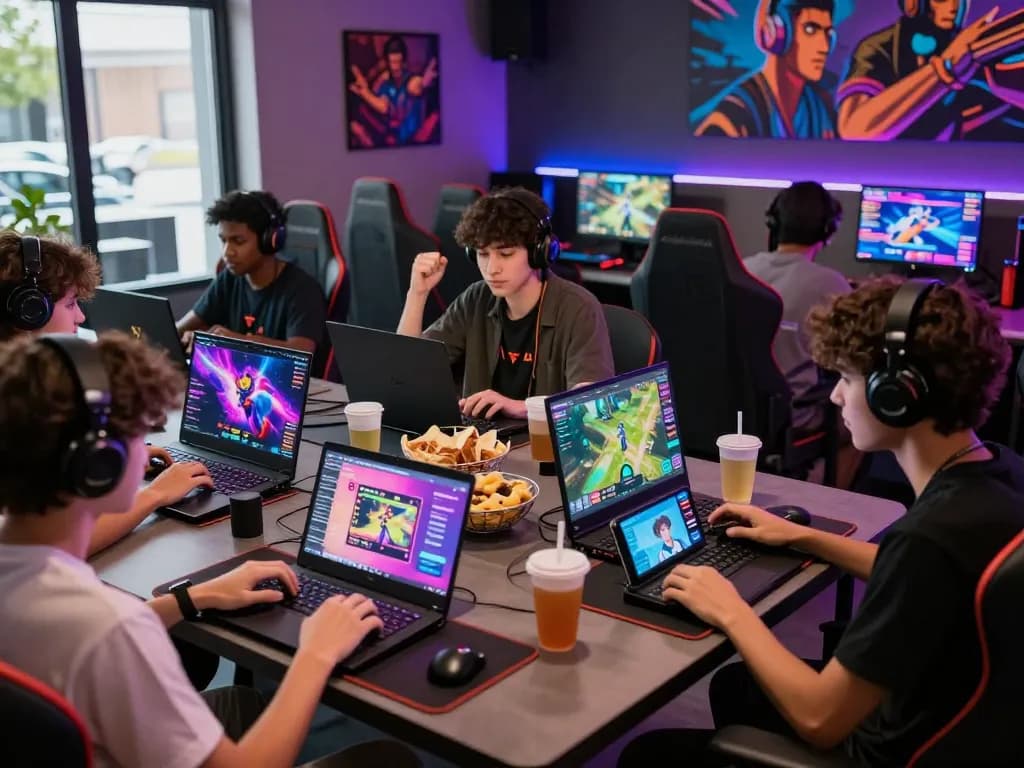 Goal123 online gaming community enjoying diverse gameplay in a vibrant lounge.