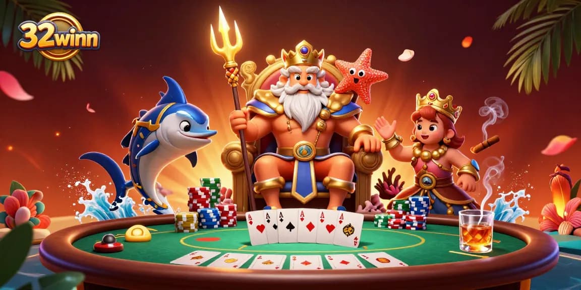 Experience the thrill of 32winn with Neptune and poker elements in a vibrant casino illustration.