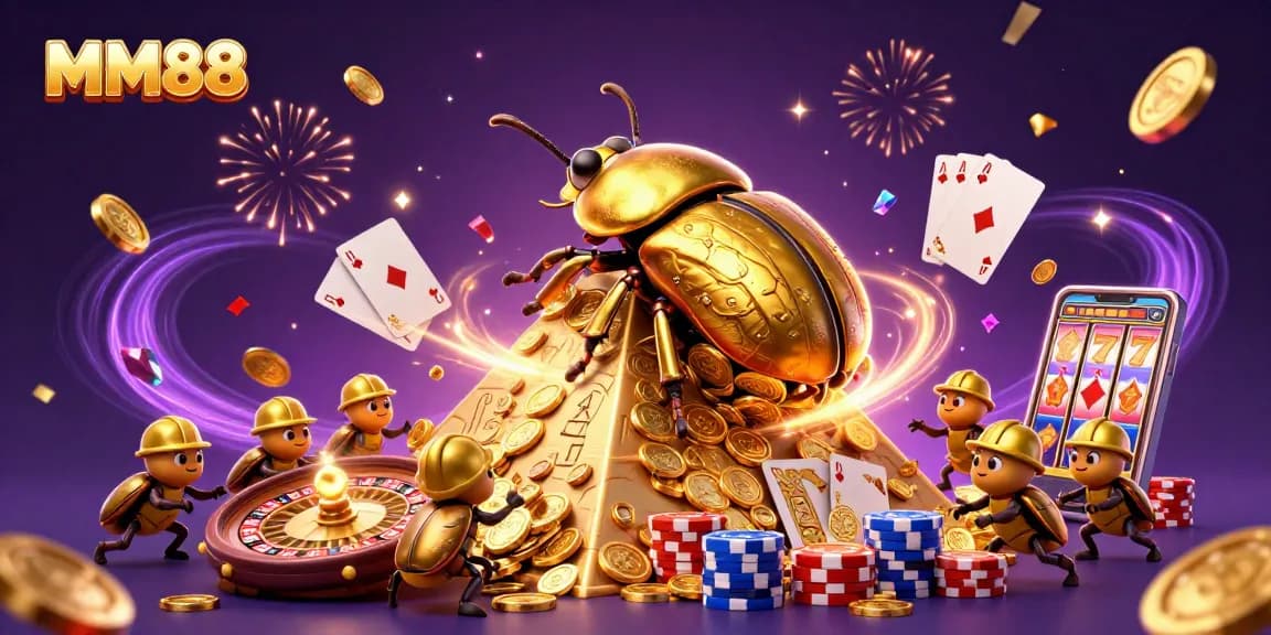 MM88 players catch excitement as a golden dung beetle rolls coins toward casino jackpot.