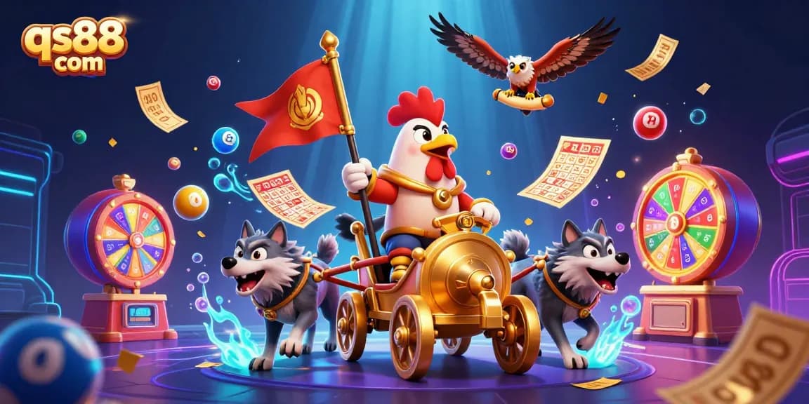 Engage with qs88 com's vibrant atmosphere, where cheerful cartoon characters celebrate winning casino moments.