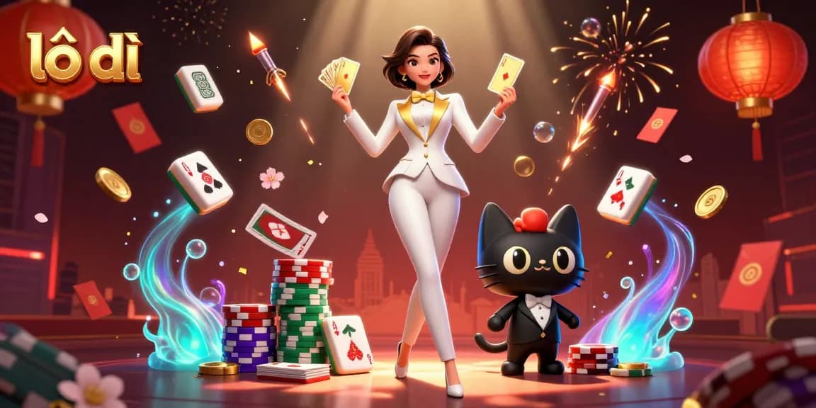 Lô đề illustration showing a glamorous woman in tuxedo shuffling cards with a playful black cat by her side.