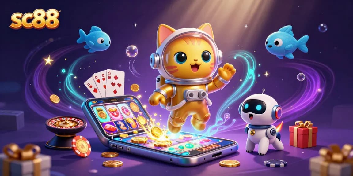 Engage with exciting slot games at SC88 with a vibrant 3D scene featuring an astronaut cat.