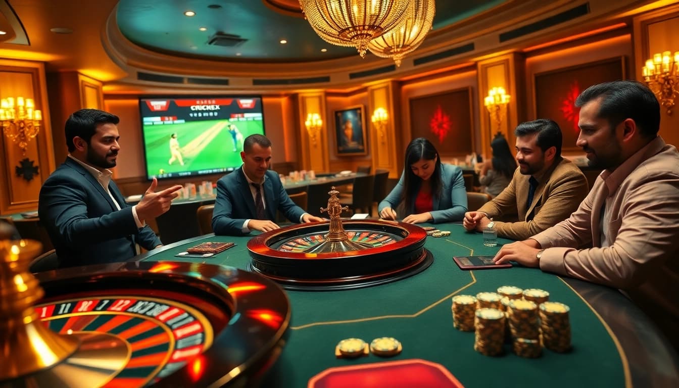 Crickex users engage in thrilling cricket betting surrounded by vibrant casino flair.