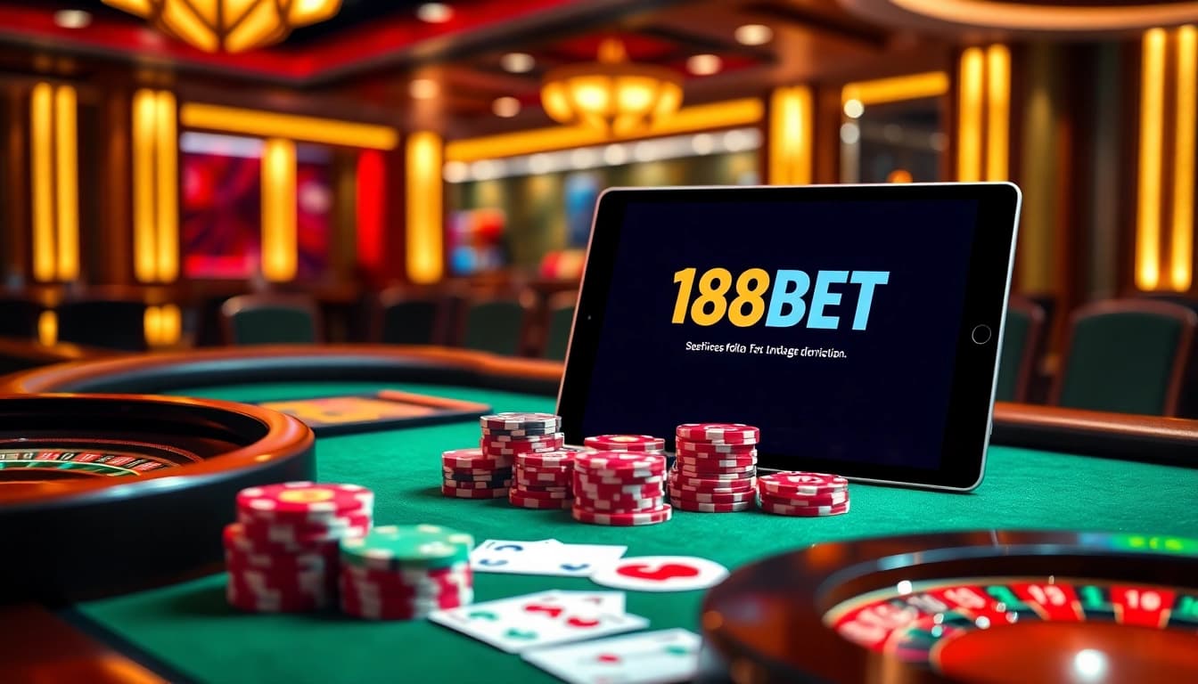 Experience thrilling online gaming with 188BET at a vibrant casino table featuring cards and chips.