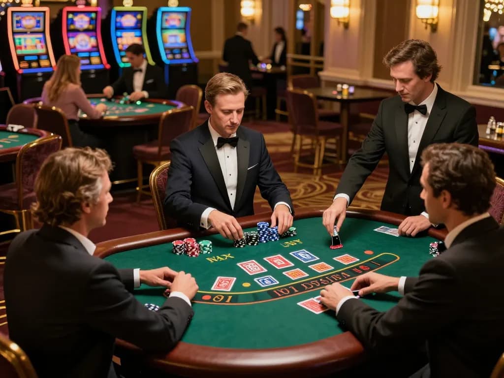 Engaged players at a vibrant blackjack table showcase gk88 strategies in action amidst luxury casino atmosphere.