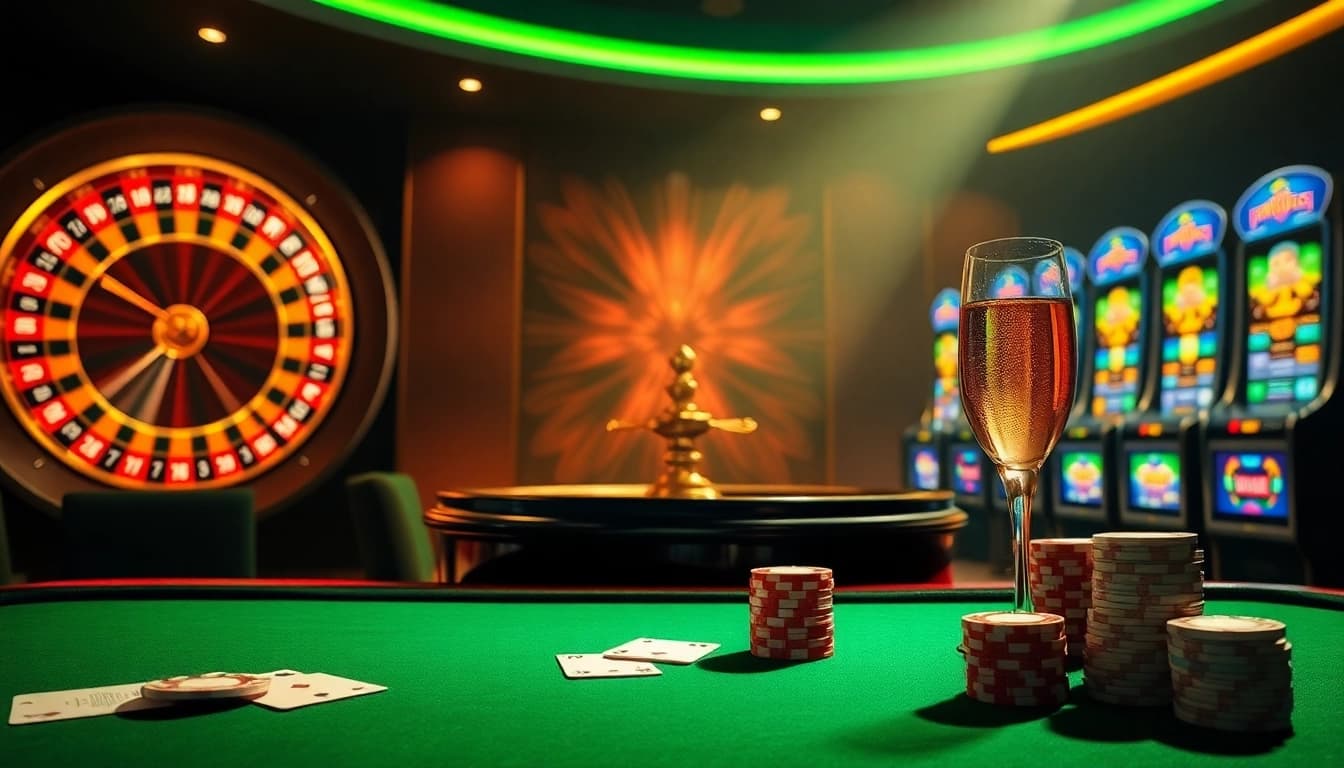 Experience the thrill of winning at 8kbet with a luxurious casino scene featuring poker and roulette.