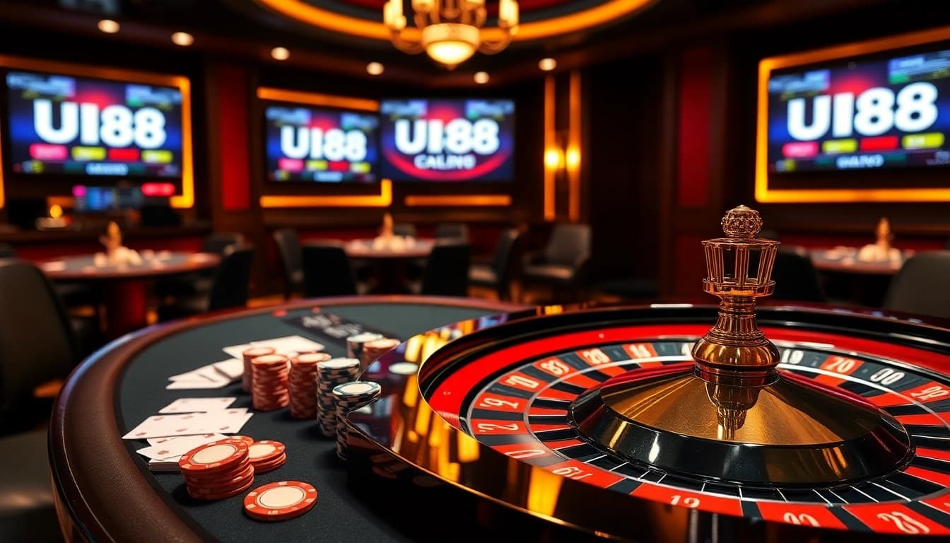 Experience the thrill of UU88 with a vibrant casino scene featuring poker and roulette games.