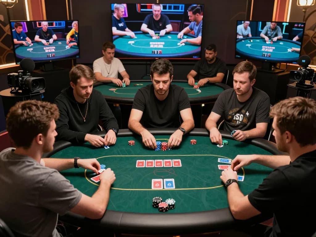 TR88 poker players engaged in intense gameplay during a live online session with cards revealed and chips stacked.