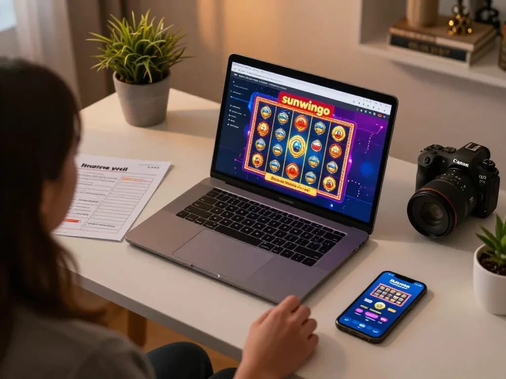 Person engaging in sunwingo online gaming on a laptop with strategic betting notes