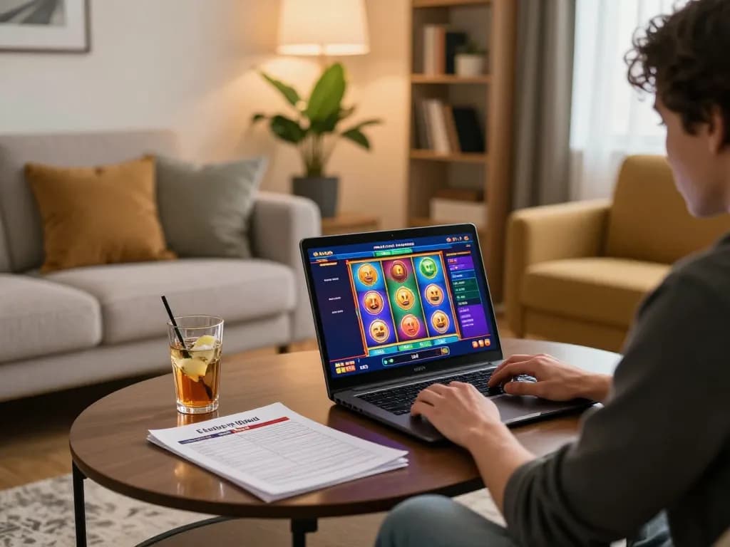 Engaging in online casino gaming at home, focusing on tg88 slot experience with betting strategy notes nearby.