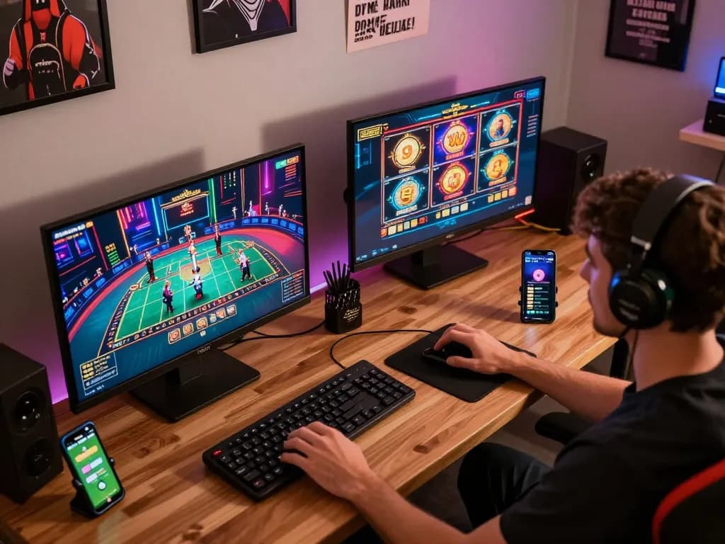 Engaging gameplay scene highlighting a user playing 123Win live dealer games and slots on multiple devices, demonstrating the excitement of online gambling.