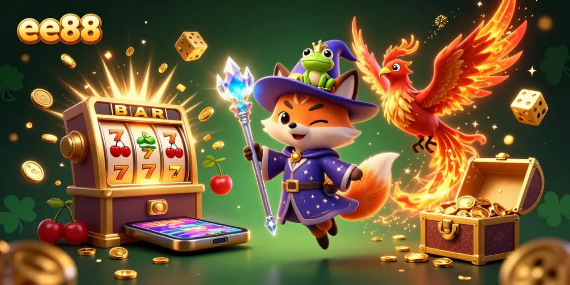 Experience thrilling games at ee88 with a vibrant casino scene featuring lucky symbols and characters.