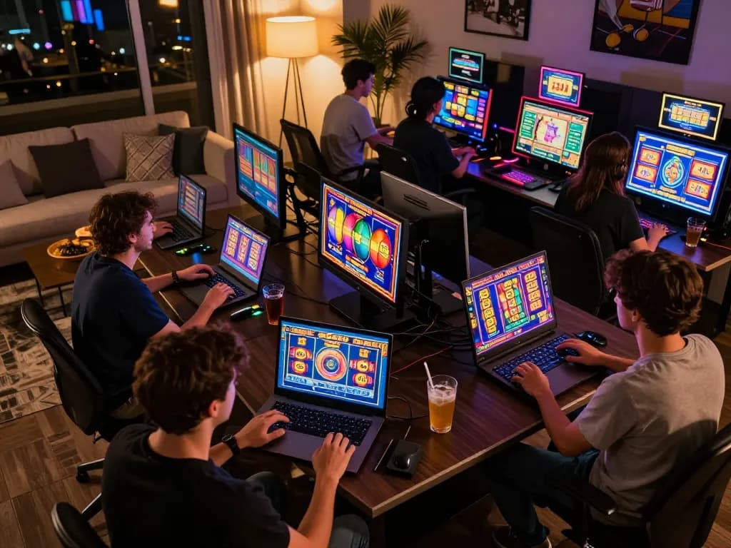 Players engage dynamically with sky88 online slots on laptops, showcasing vibrant action in a cozy setting.