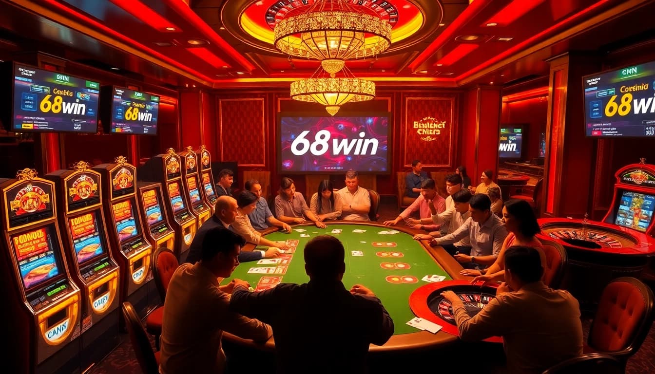Exciting casino scene featuring online gambling elements of 68win with poker and slot machines.