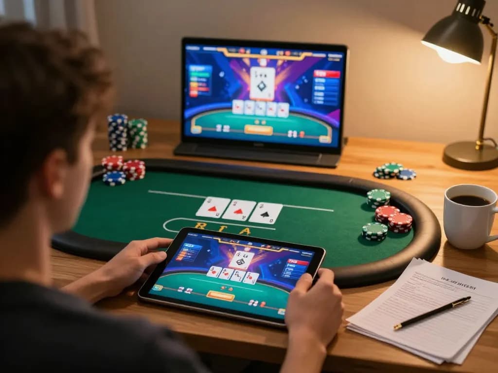 Player enjoying online poker at home while exploring sumclub's exciting gaming features.
