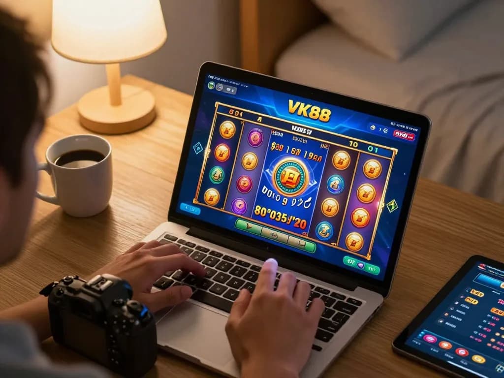 Player enjoying VK88 online slots on a cozy couch, showcasing casino excitement at home.
