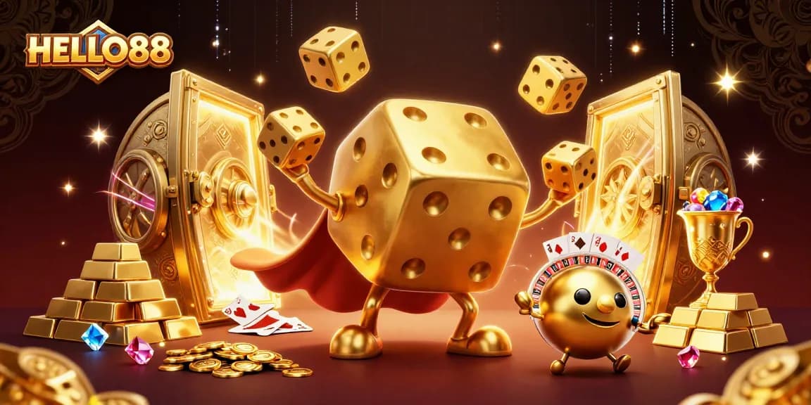 Spin to win with HELLO88 as golden dice juggle amidst treasure and casino glamour.
