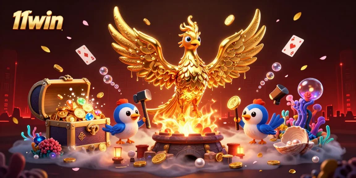 Experience the thrilling adventure of 11win’s casino world with a golden phoenix and treasure!