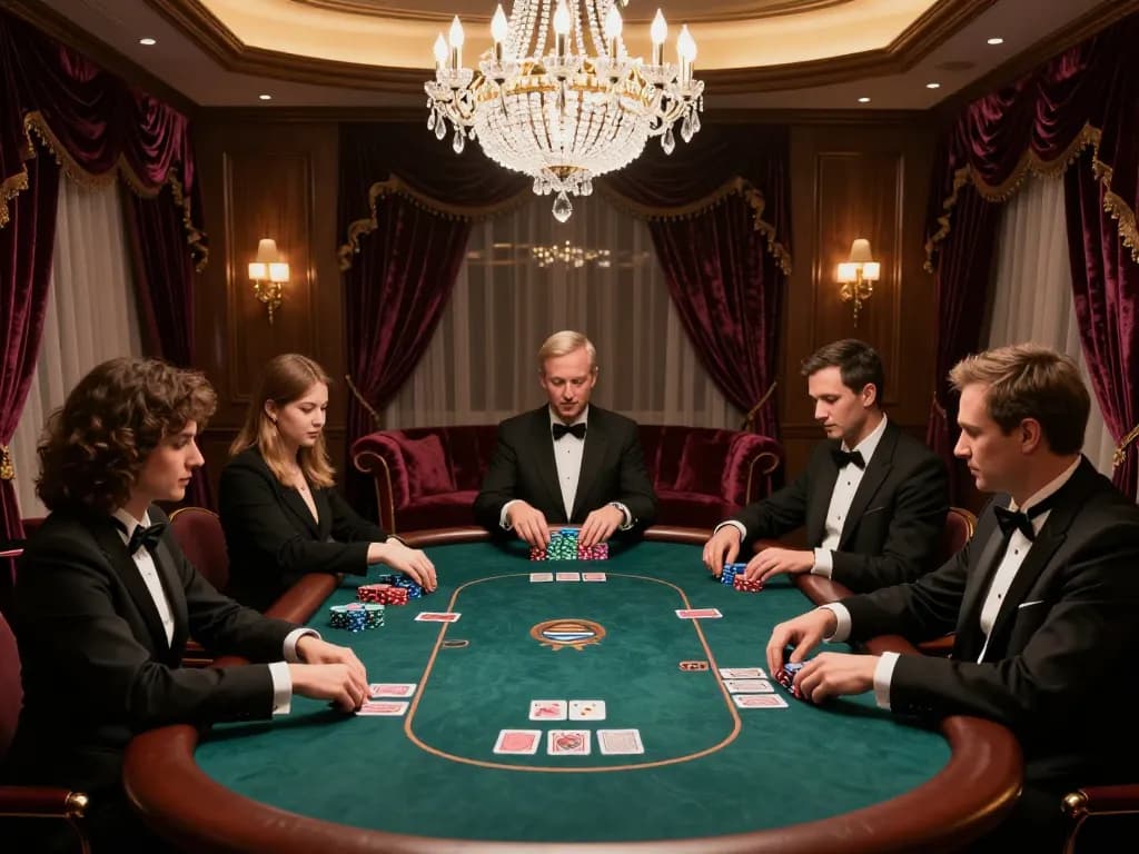 Players engaging at a classy VIP table in nhà cái Rwin, highlighting an intense poker session and luxury ambiance